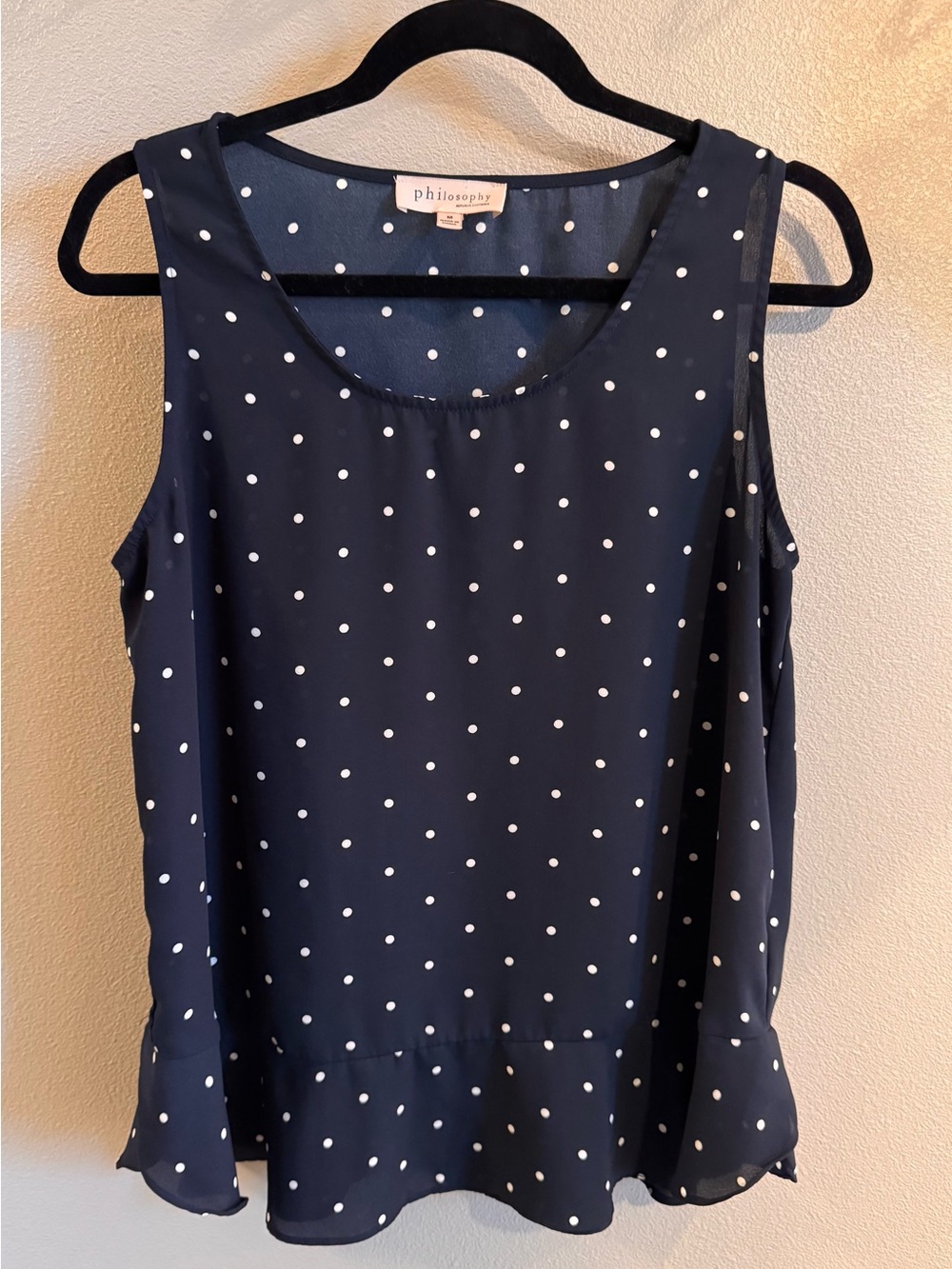 Philosophy Navy and White Polka Dot Tank with Ruffled Hem